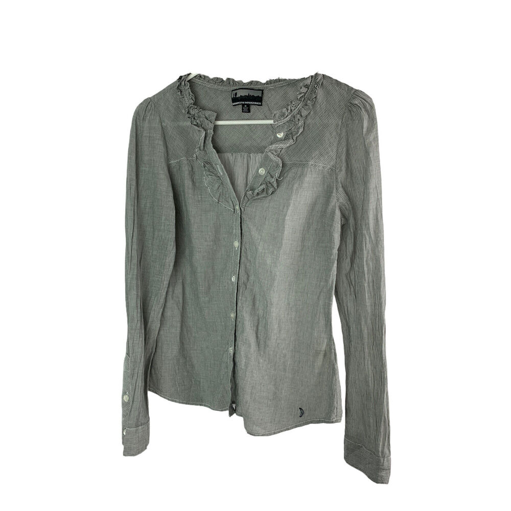Medium Brooklyn Industries Sheer Junior Women's Button Up Blouse Gray White Stri